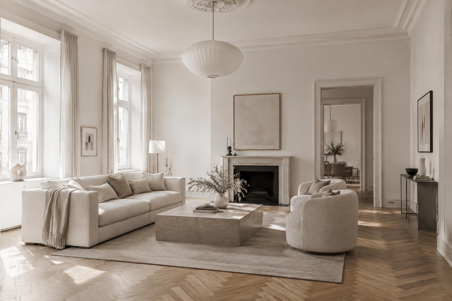 Nymålat ljust vardagsrum med fiskbensparkett